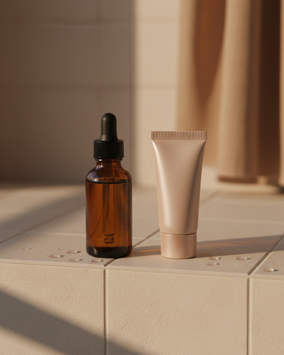 An amber glass dropper bottle and a small cream tube on a pale tiled shelf lit by soft window light