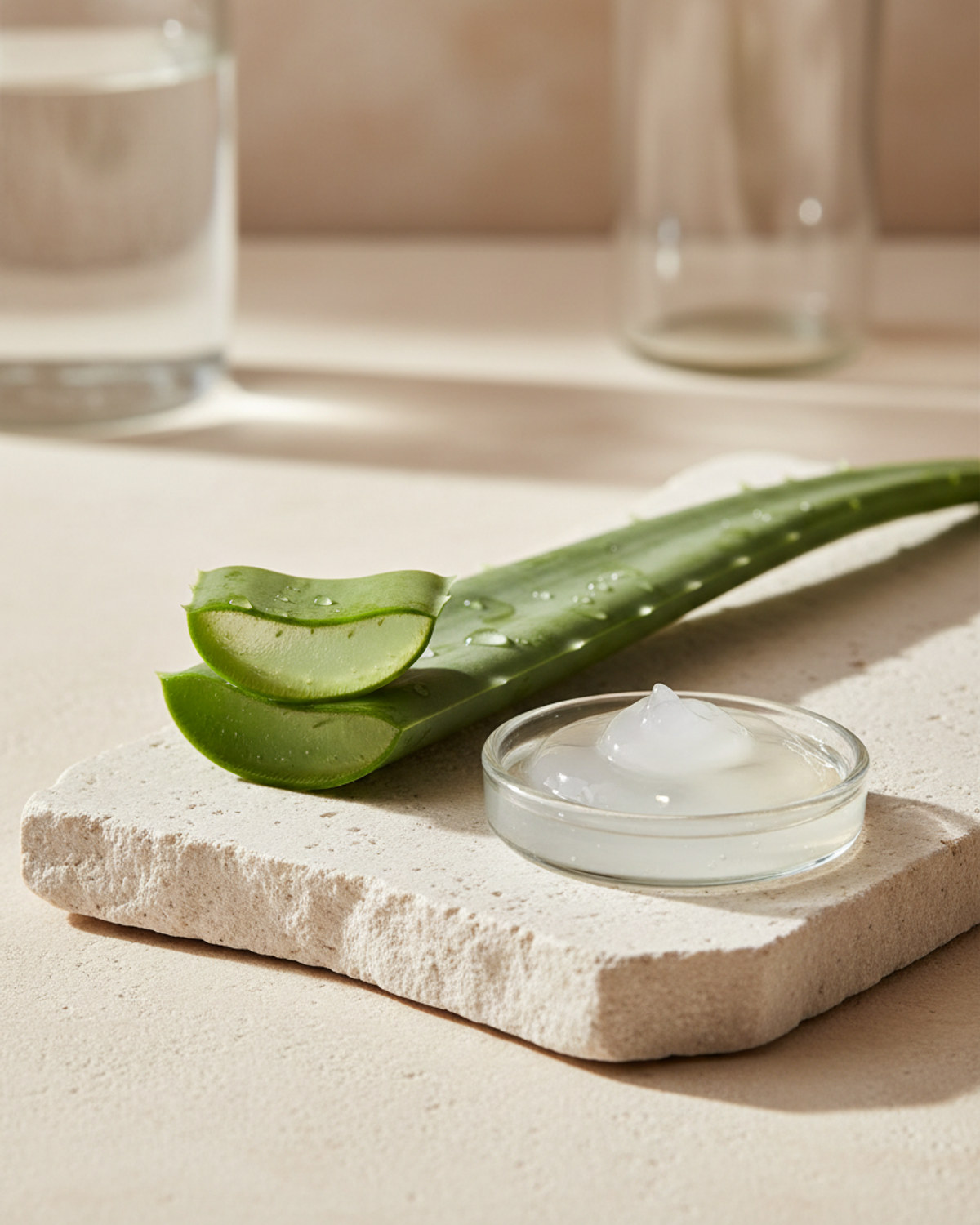 A freshly cut aloe vera leaf resting on a stone surface with its clear gel exposed, beside a small glass dish of aloe gel in soft natural light