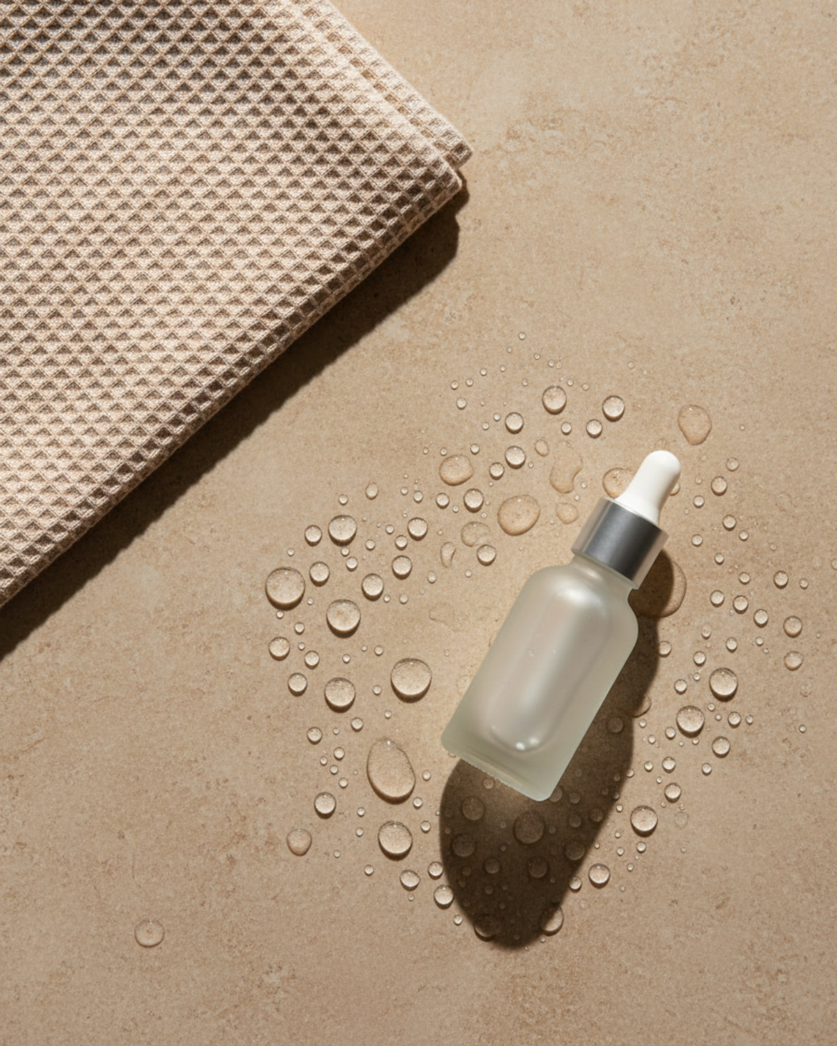 Water droplets on a bathroom counter beside a folded towel and a glass dropper bottle, evoking the damp moment right after cleansing