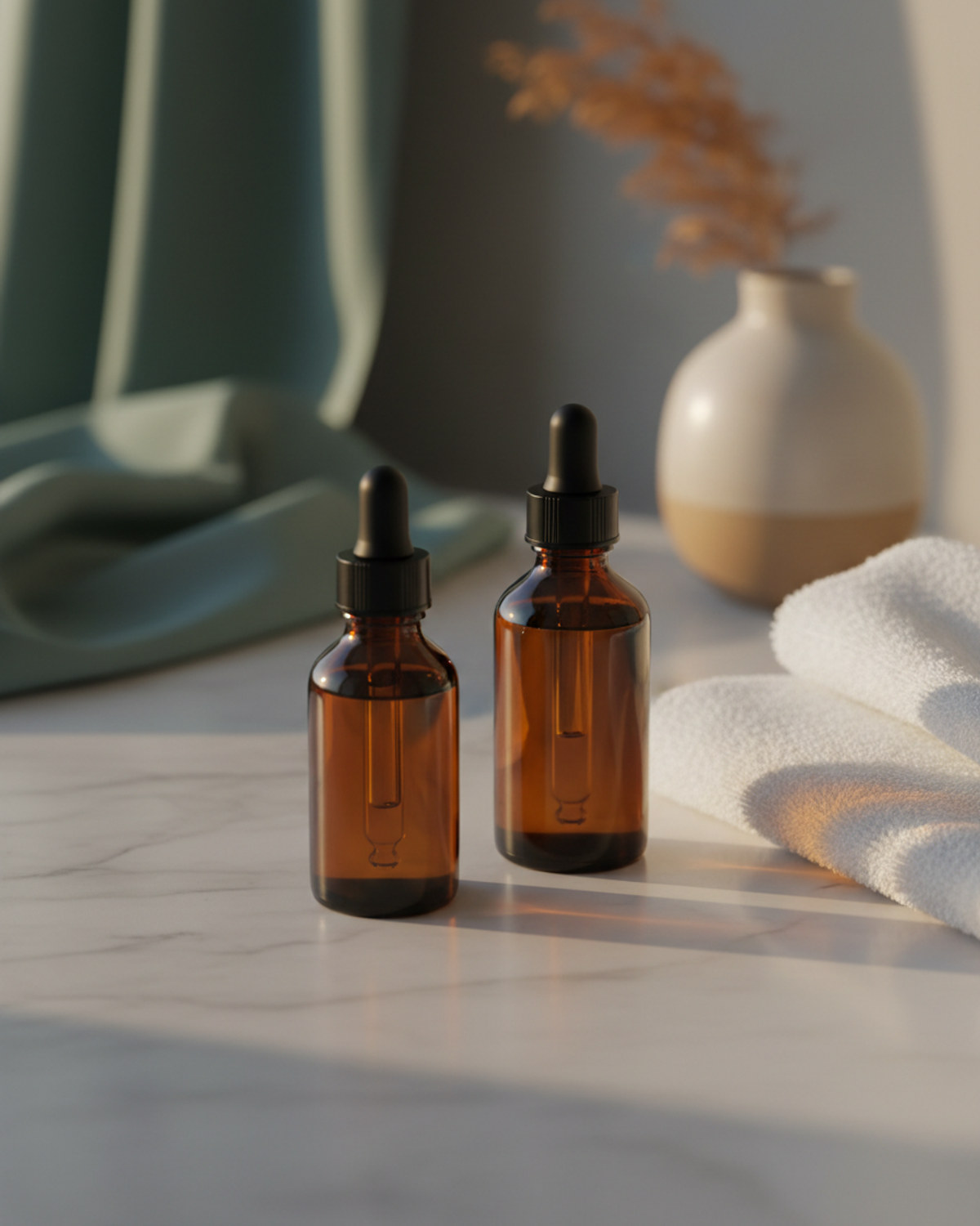 Two amber glass skincare bottles on a marble counter in soft evening light