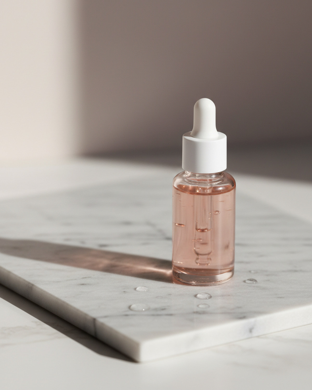 A glass dropper serum bottle on a marble surface in soft morning light