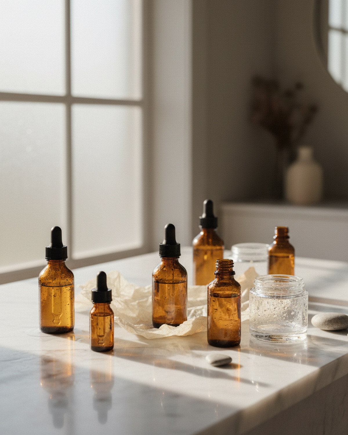 Amber glass serum droppers and bottles arranged on a softly lit counter in morning light