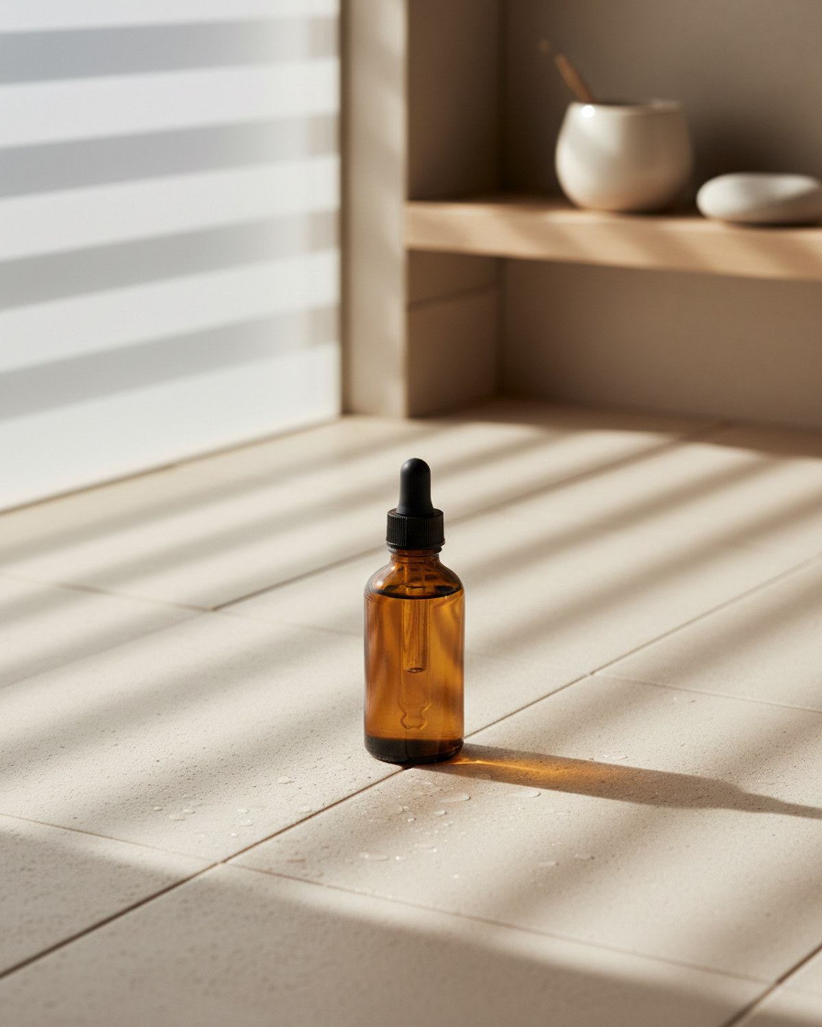An amber glass dropper bottle on a tiled shelf in soft morning light, evoking a quiet skincare routine