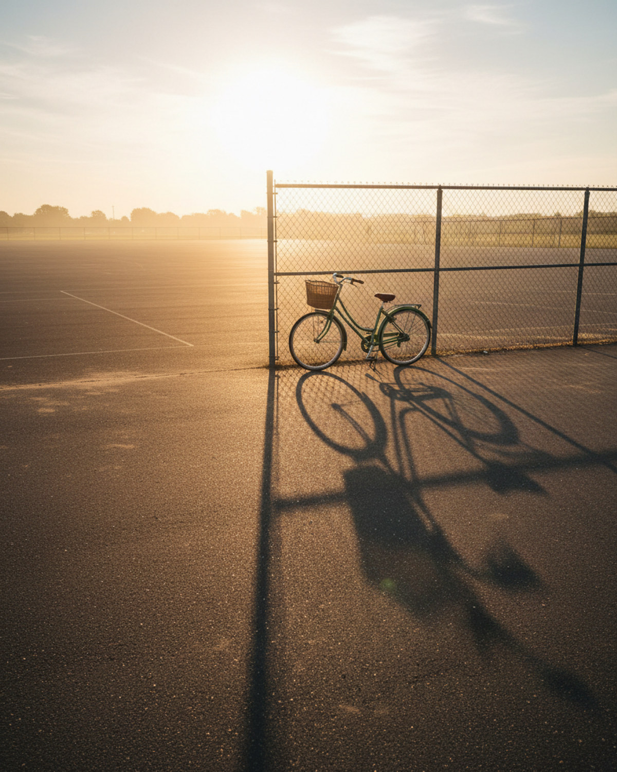 Sunlit, empty schoolyard blacktop with long shadows under a hazy late-summer sky