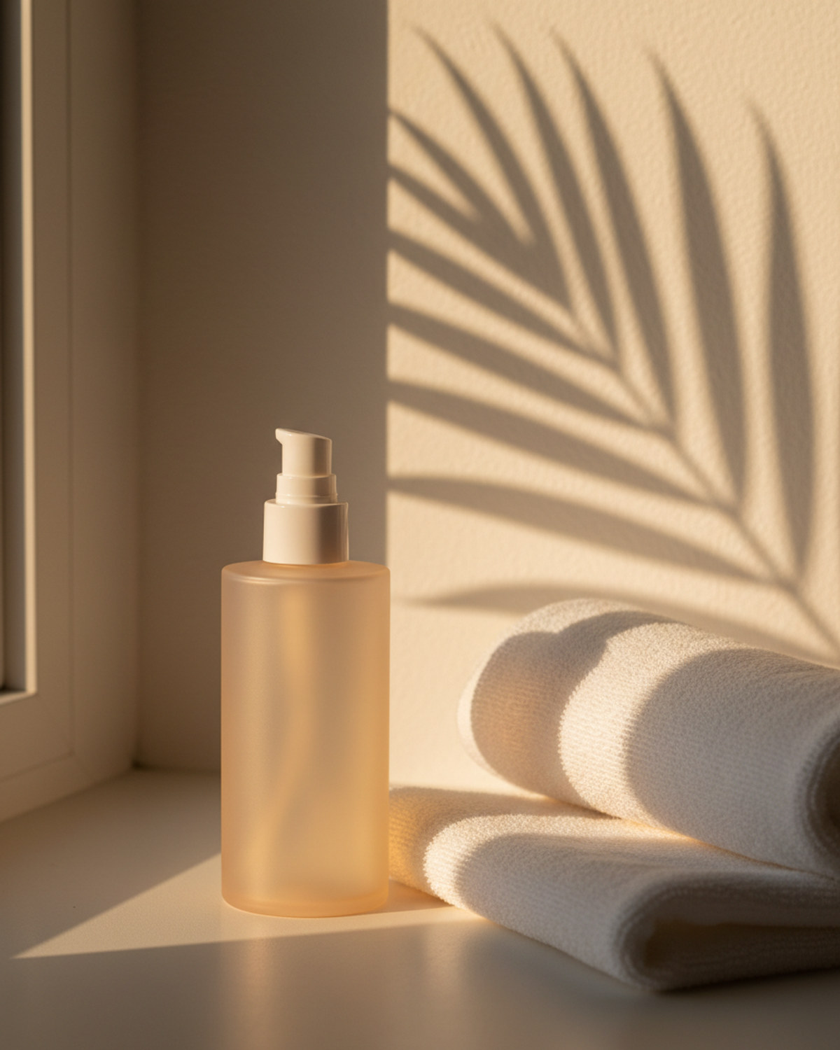 A sunscreen bottle catching warm afternoon light on a sunlit windowsill