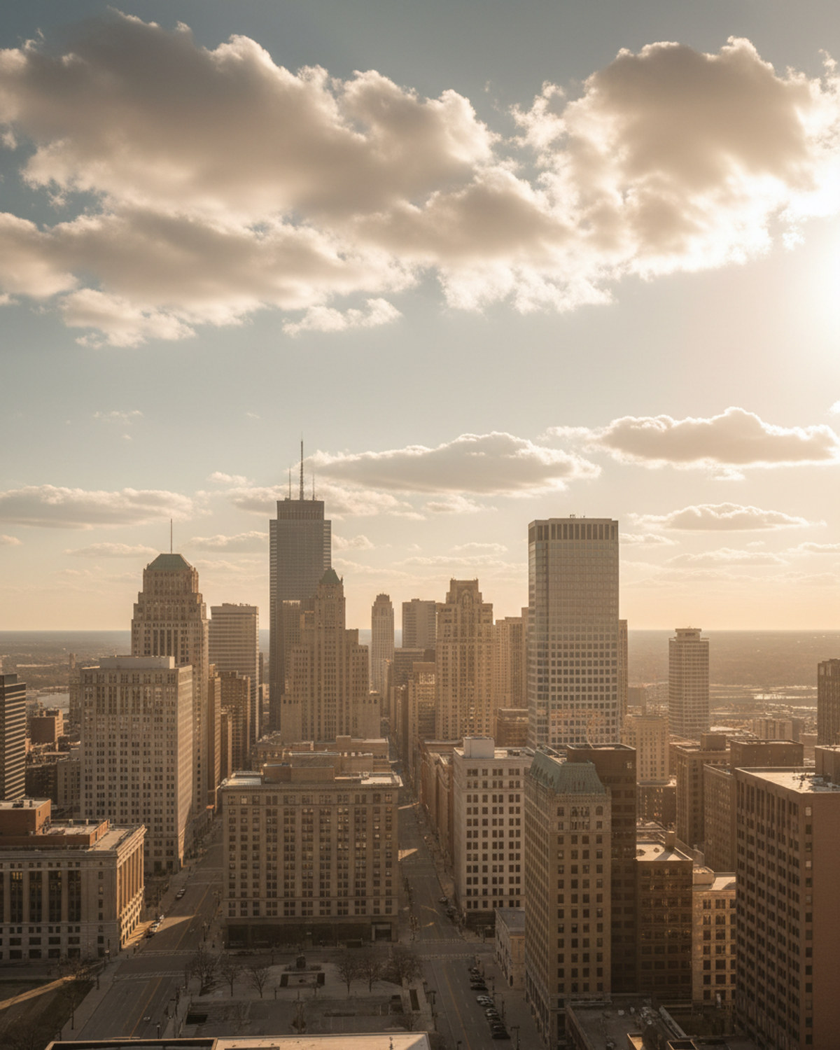 A hazy city skyline under a partly cloudy midday sky with sunlight breaking through broken clouds