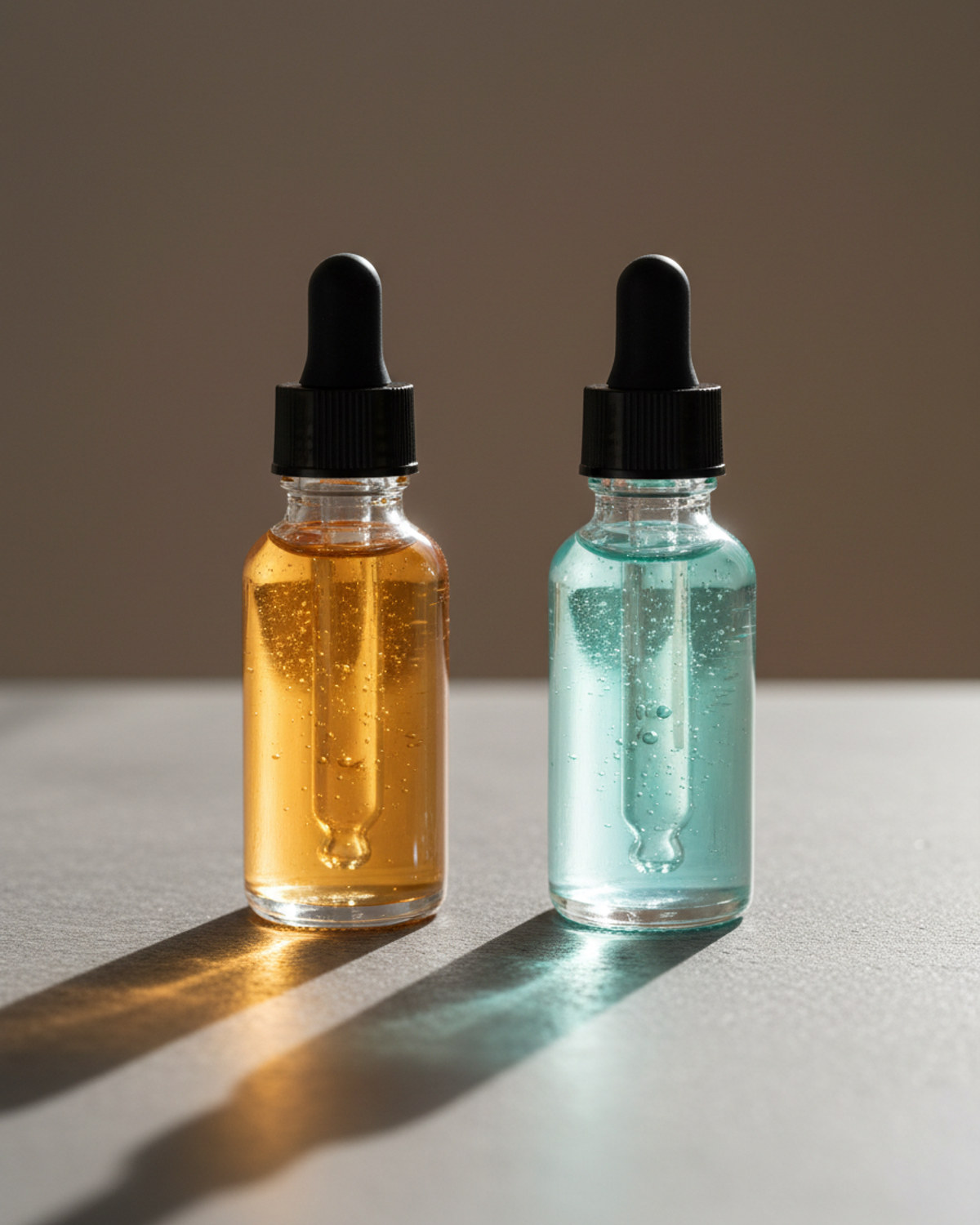 An amber serum bottle and a pale blue-green serum bottle standing side by side on a stone surface in soft morning light