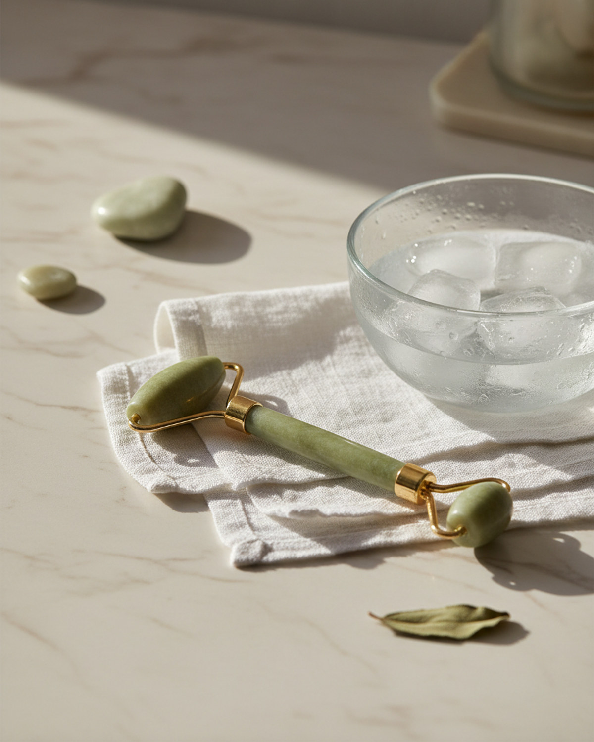 A jade facial roller resting on a folded white cloth beside a glass bowl of ice water on a pale marble surface in soft morning light