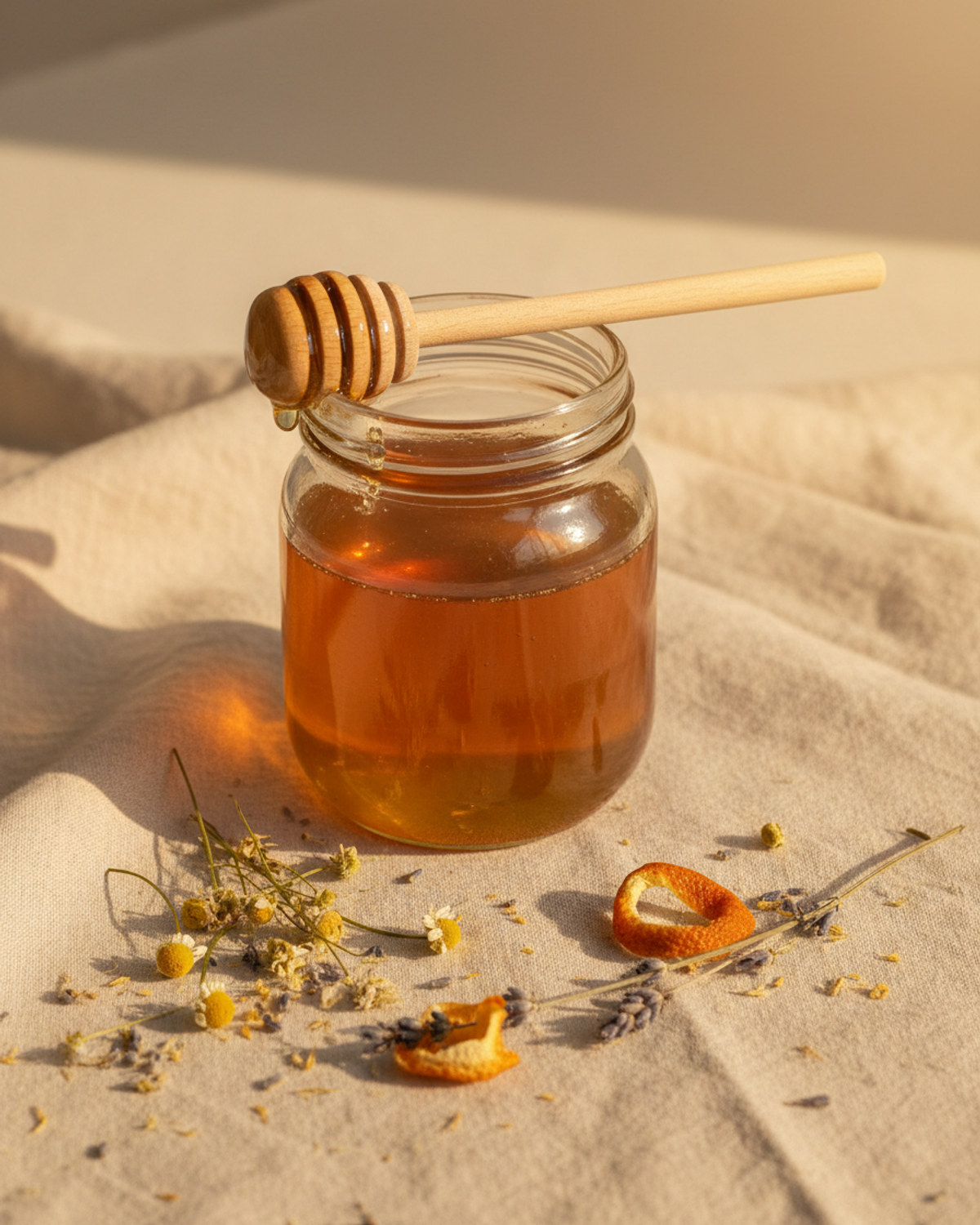 A glass jar of amber honey with a wooden honey dipper on pale linen in warm light