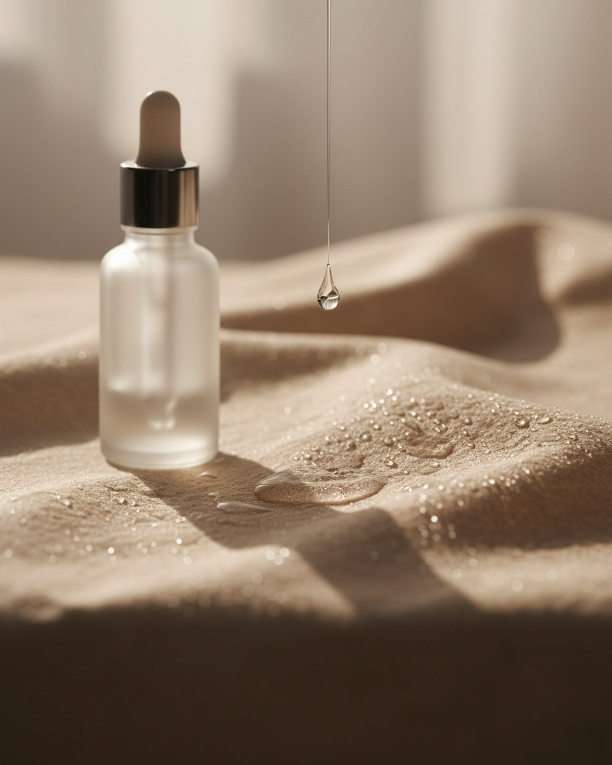 A clear serum droplet suspended above a softly lit surface next to a glass dropper bottle, evoking hydration and skincare texture