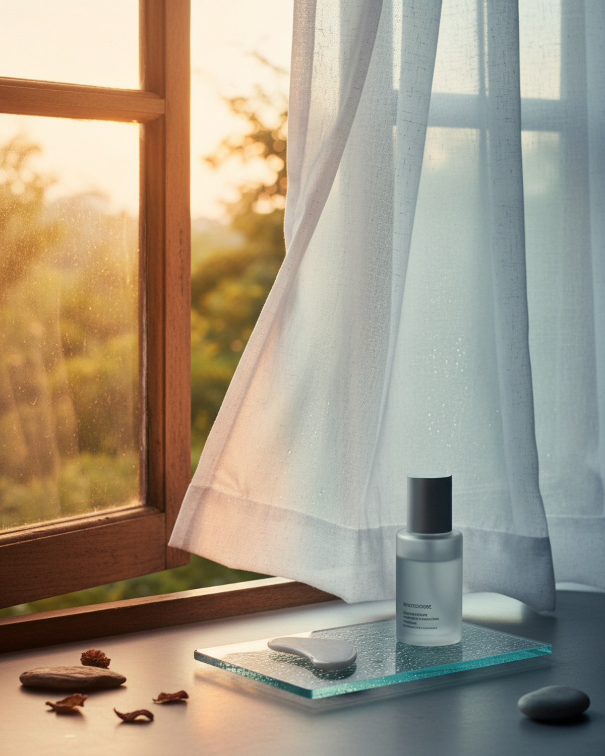 A sheer curtain billowing at an open window where warm humid outdoor light meets cool air-conditioned interior shadow