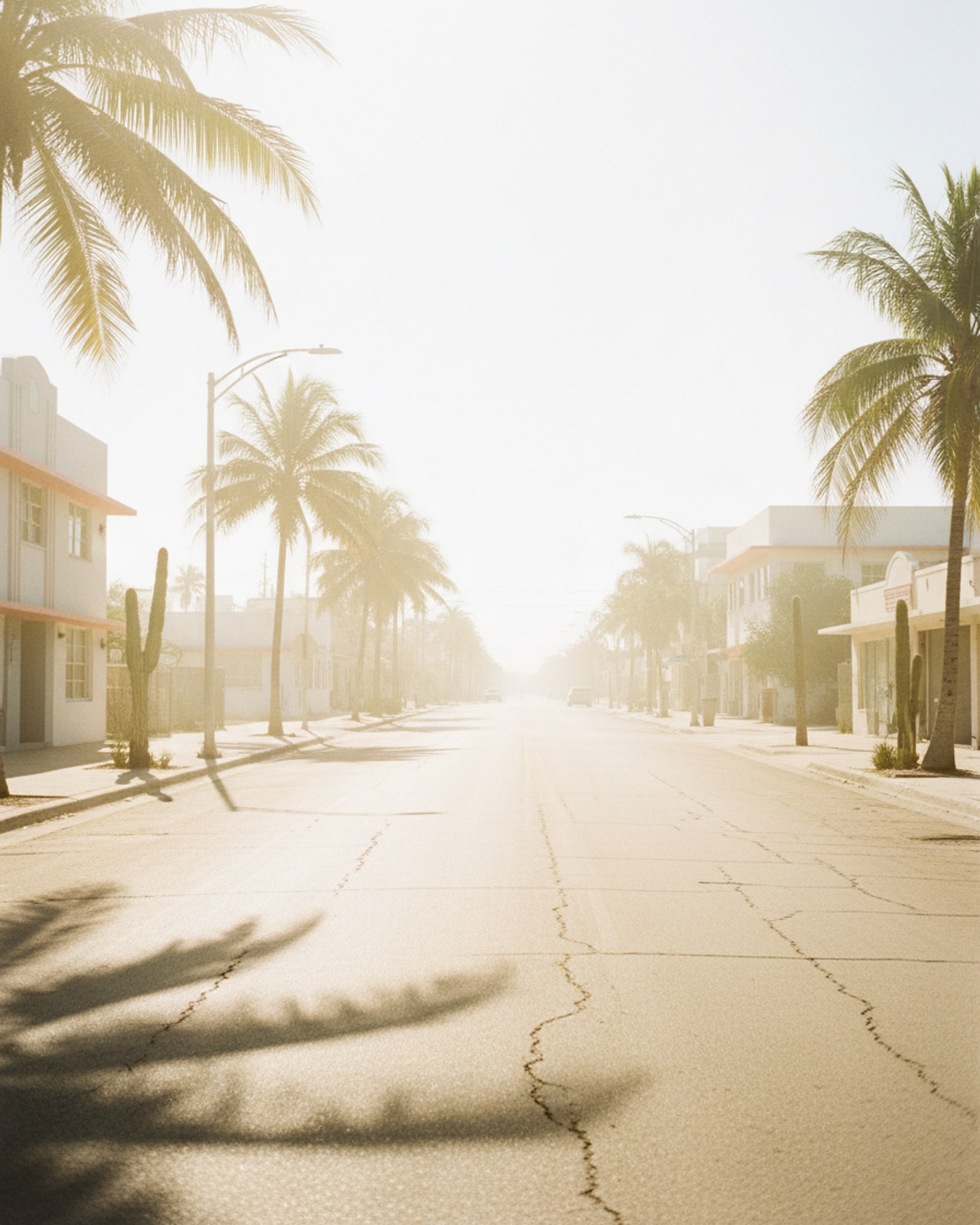 Heat shimmer rising over a sun-bleached Miami street at midday under an intense white sky with wilting palm trees