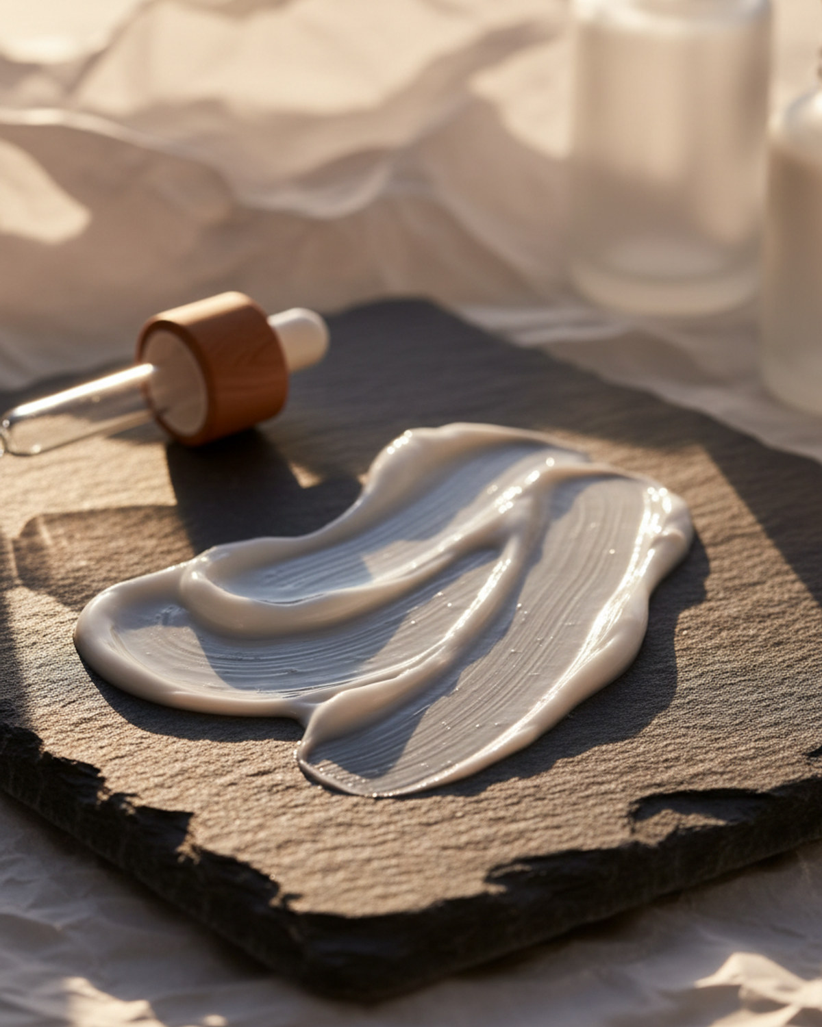 A swirl of white mineral sunscreen cream on a dark stone surface in warm afternoon light