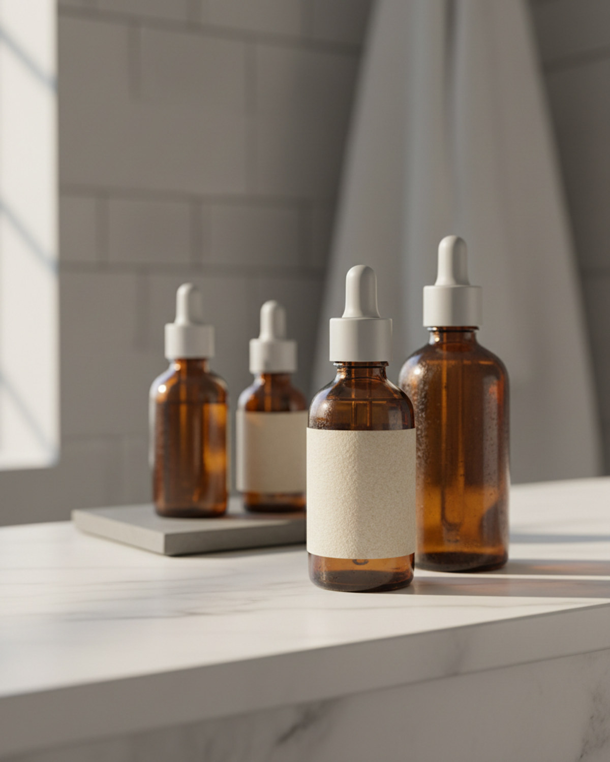 Amber glass dropper bottles arranged on a bathroom shelf in soft morning light