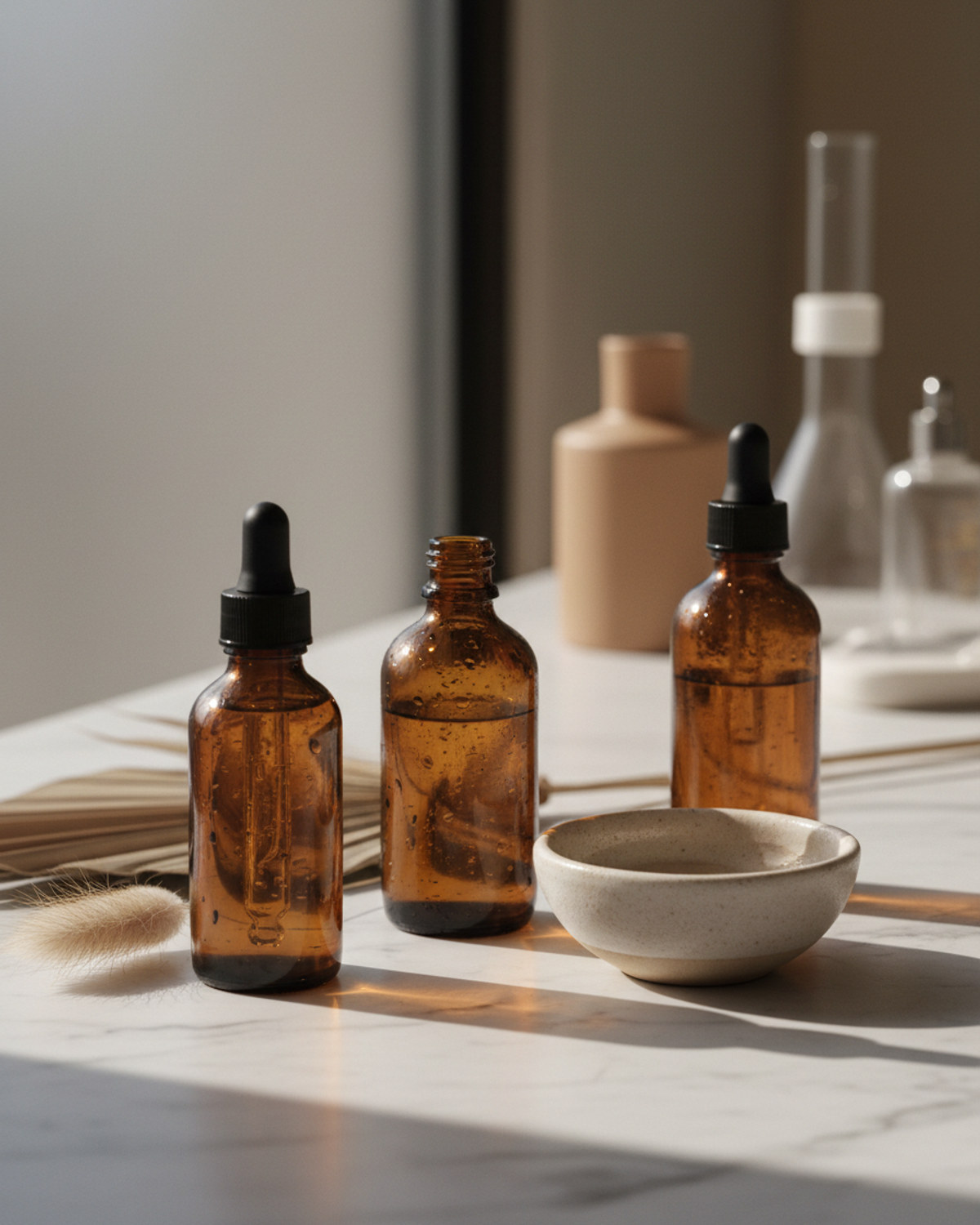 Amber dropper bottles on a marble counter in soft morning light