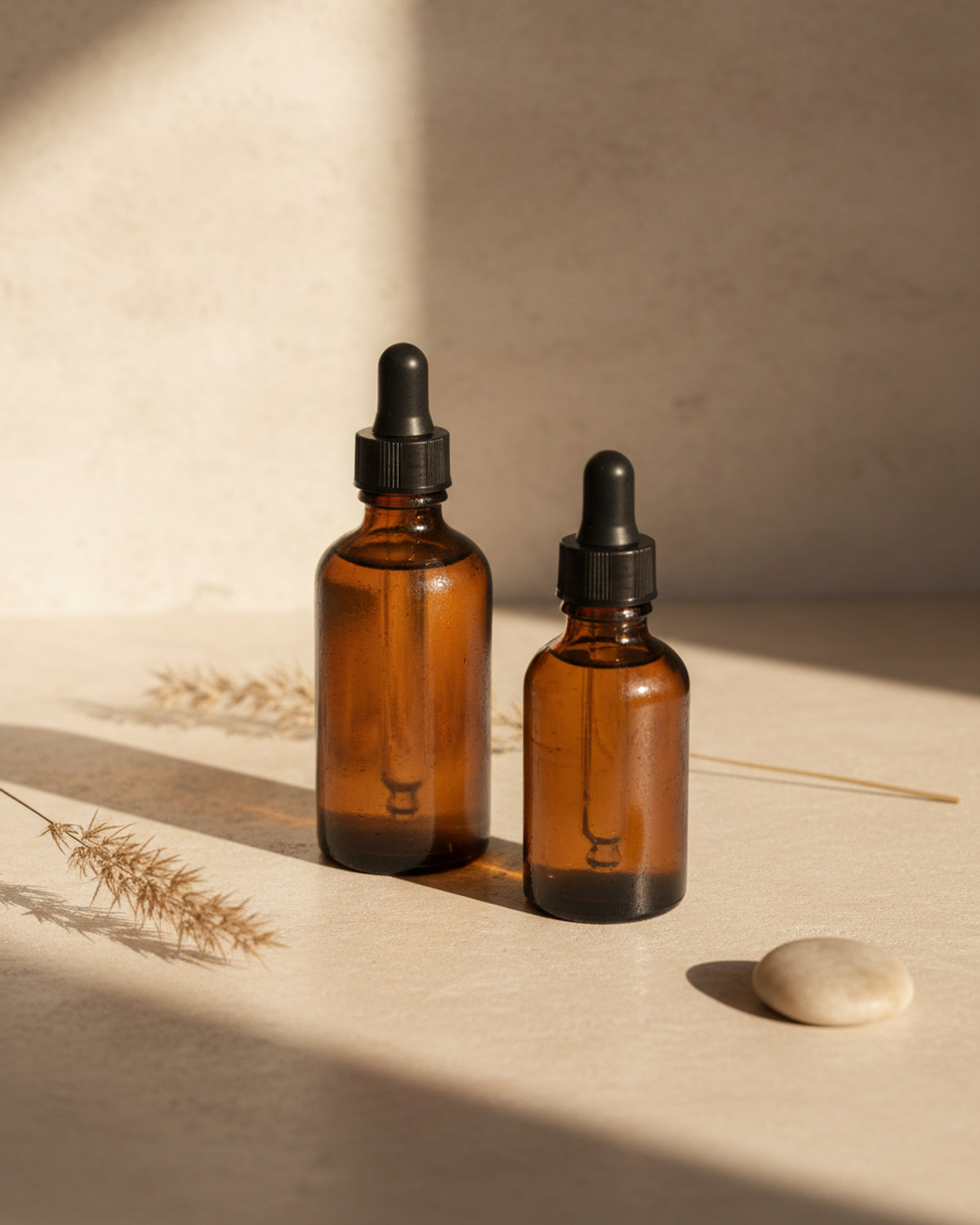 Two amber glass skincare dropper bottles on a stone counter in soft morning light