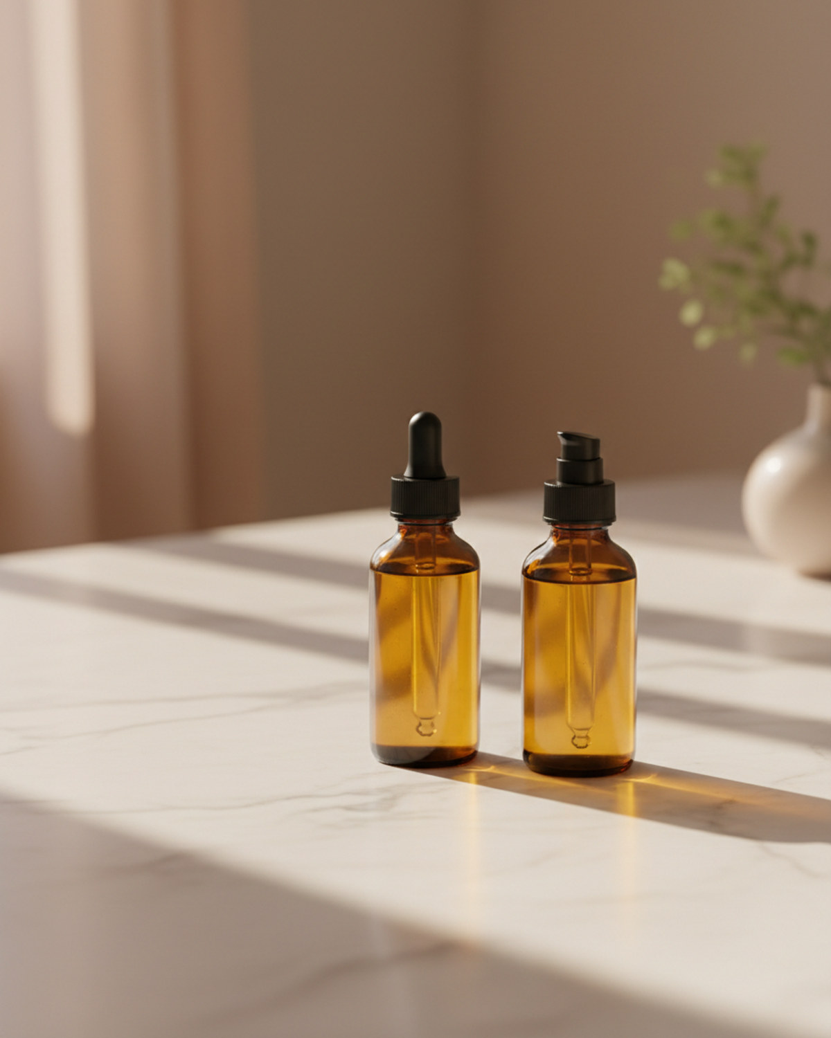 Two amber serum bottles on a sunlit marble counter with a soft, blurred background