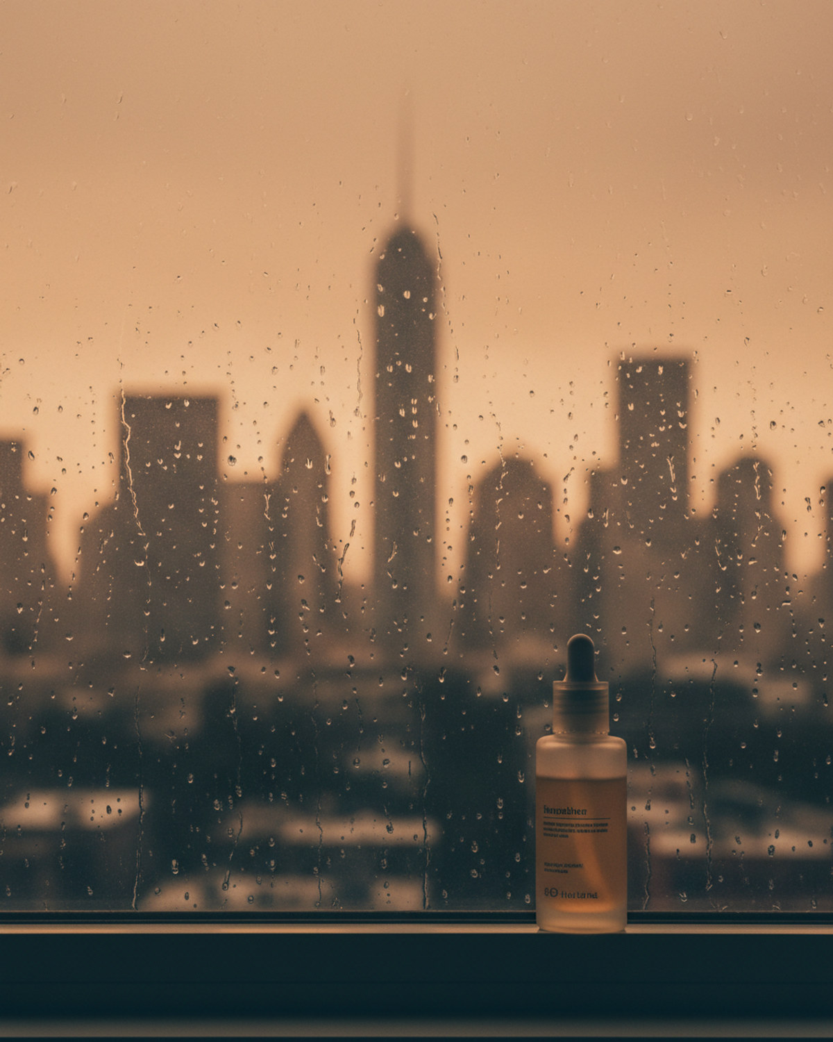 A hazy, smoke-filled city skyline viewed through a window at dusk, with a skincare bottle catching warm light on the windowsill