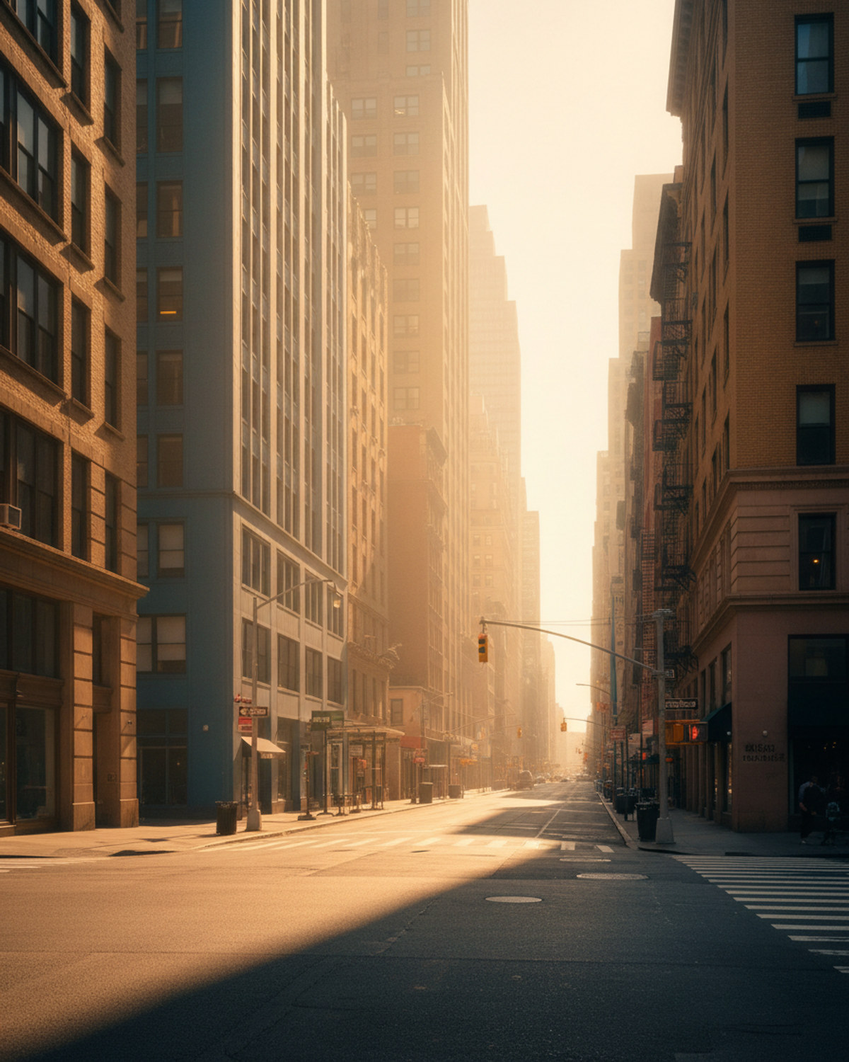 A hazy, sun-lit New York City street in late summer with long shadows and warm light