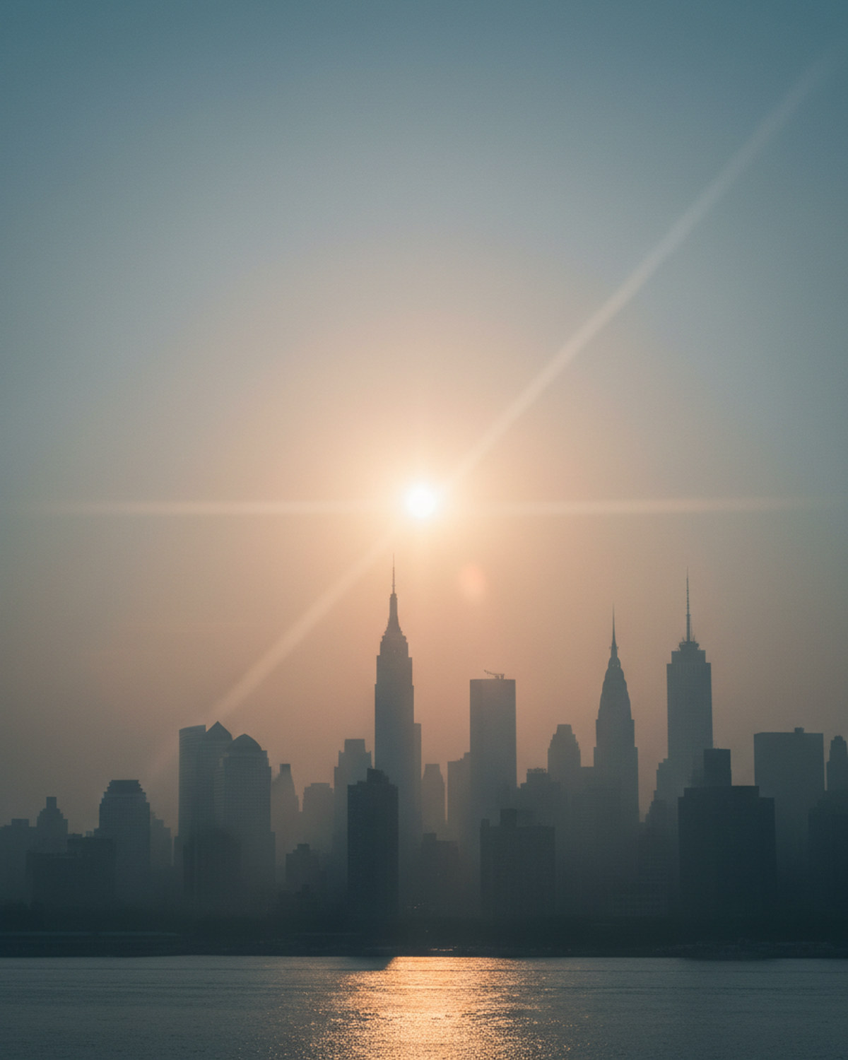 Hazy midday skyline over New York City with the sun diffused through smoke haze