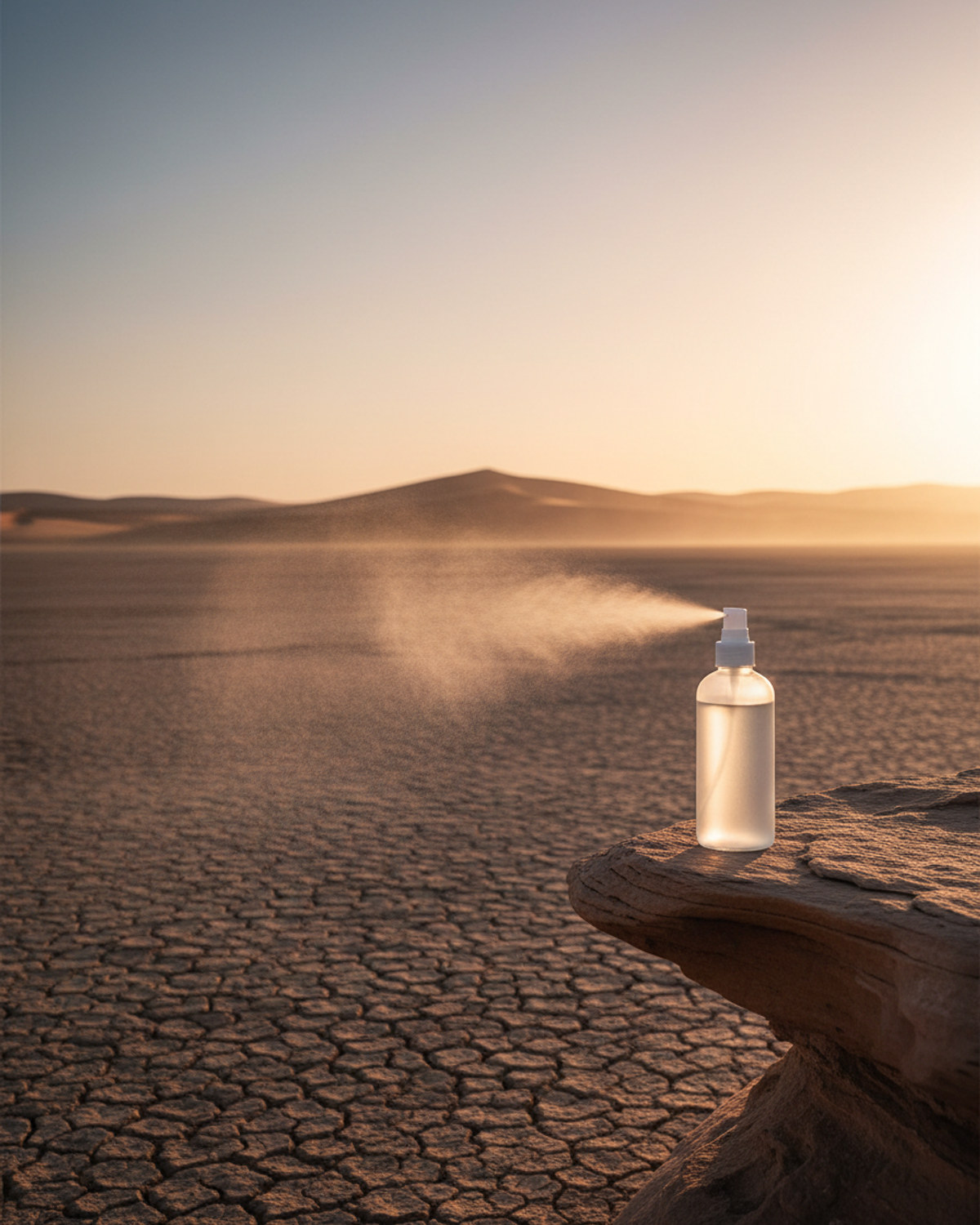 A cracked desert landscape at golden hour with heat shimmer rising from the sand and a glass mister bottle on a stone ledge