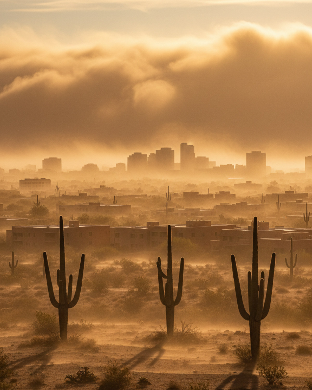 Hazy desert skyline enveloped in a rolling dust storm under warm afternoon light