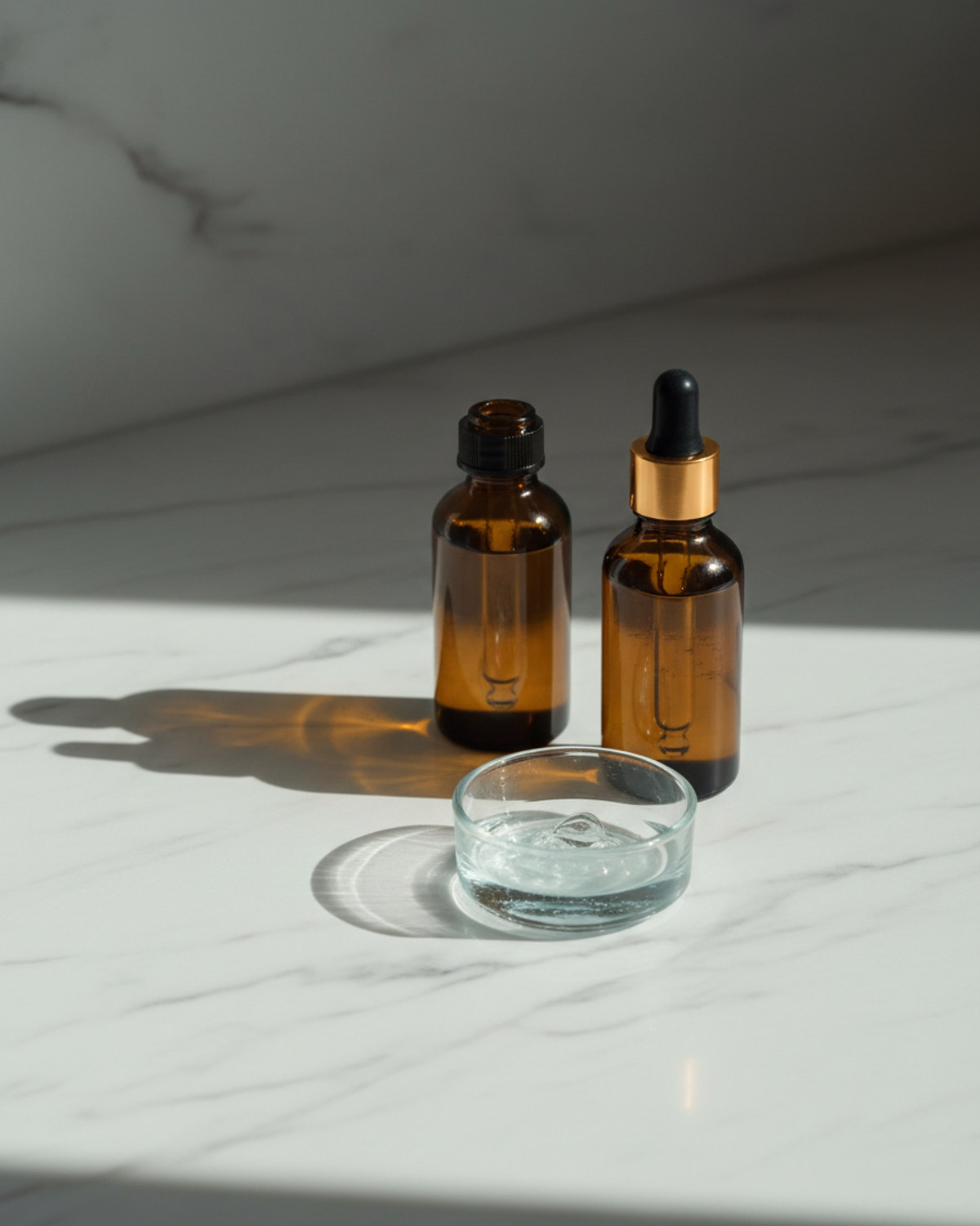 Amber glass serum dropper bottles catching soft morning light on a marble counter