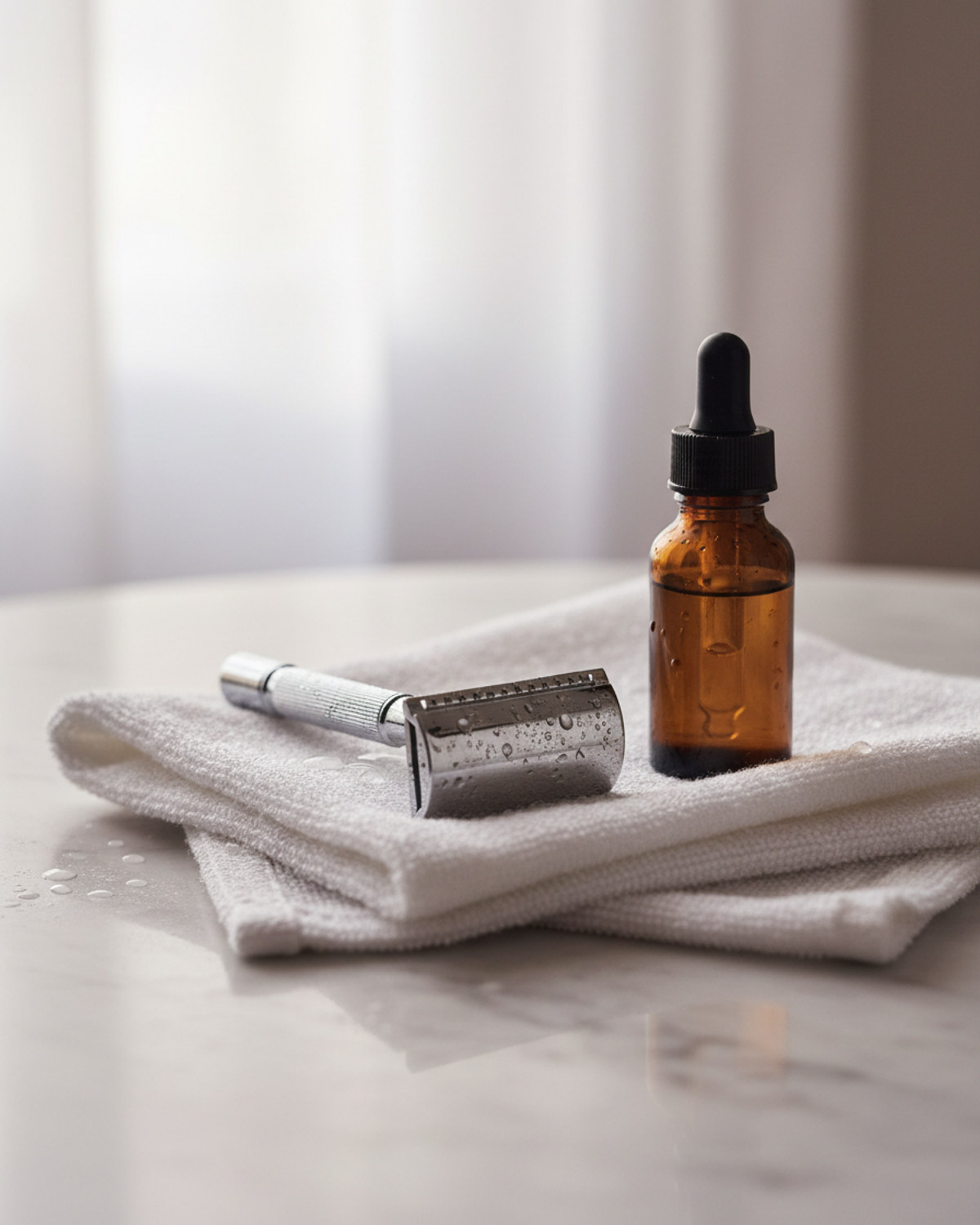 A wet chrome razor and an amber glass bottle resting on a folded towel in soft morning light.