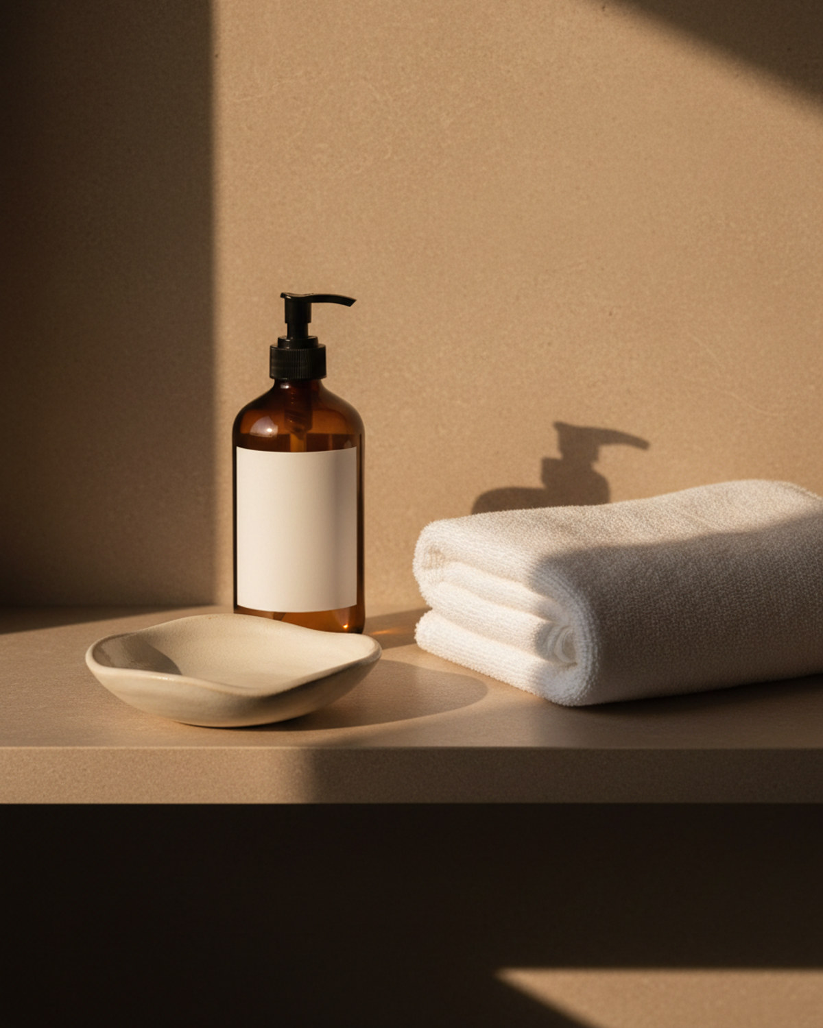 An amber glass lotion bottle and a folded white towel on a bathroom shelf in warm evening light