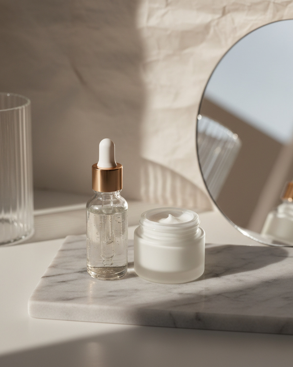 A glass dropper bottle and cream jar on a marble surface in soft morning light