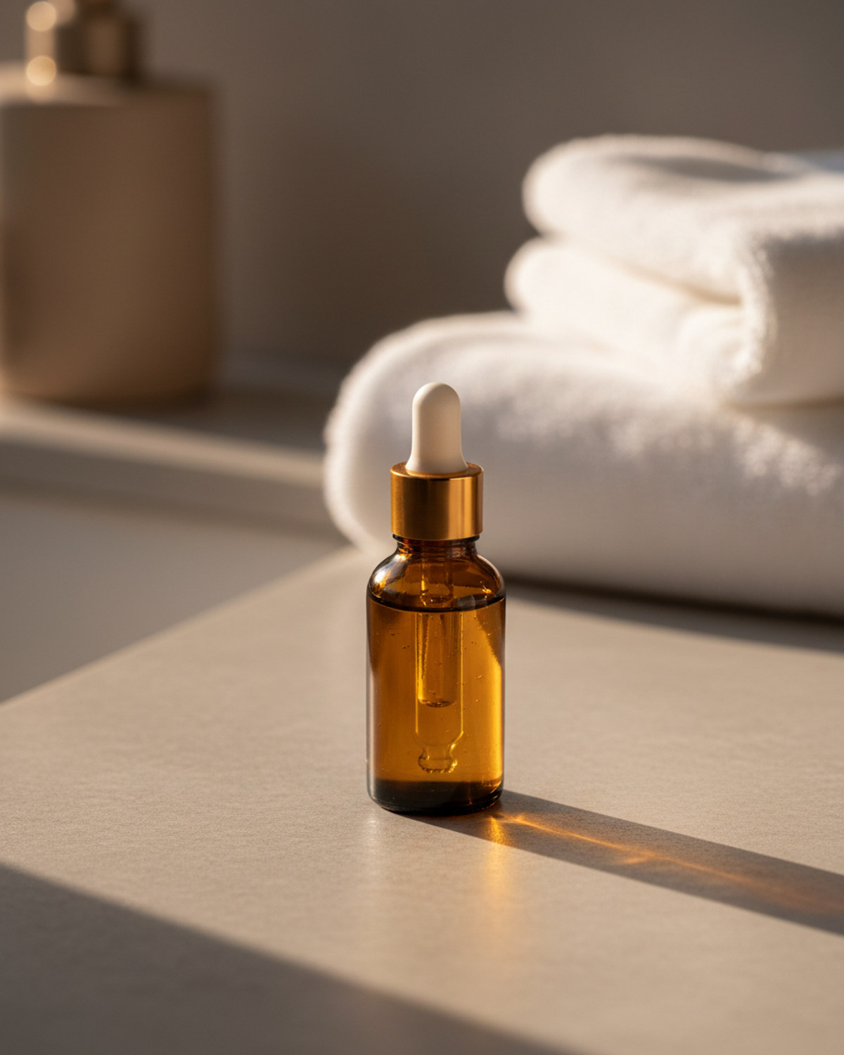 An amber glass dropper bottle on a bathroom counter in warm evening light