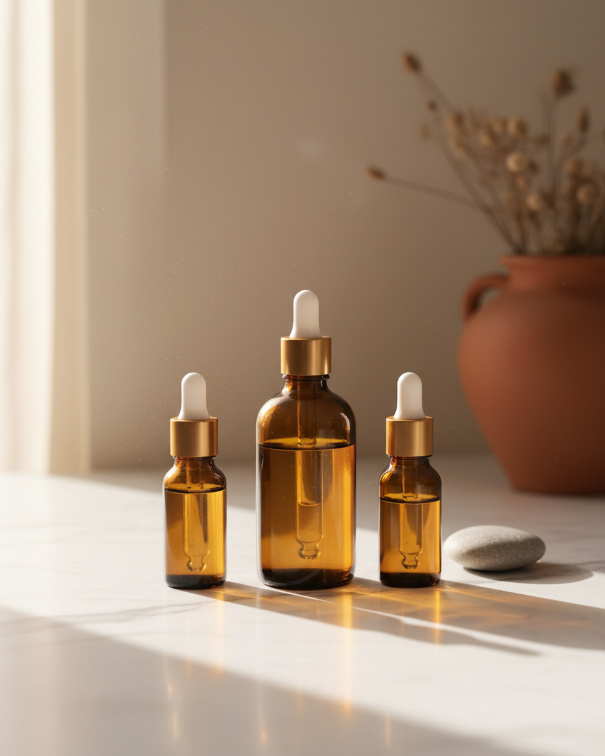 Amber glass dropper bottles on a marble surface, lit by warm afternoon light