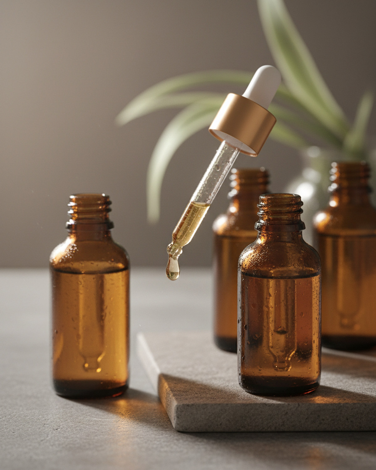 Amber glass dropper bottles on a stone surface catching soft light, a droplet suspended mid-fall