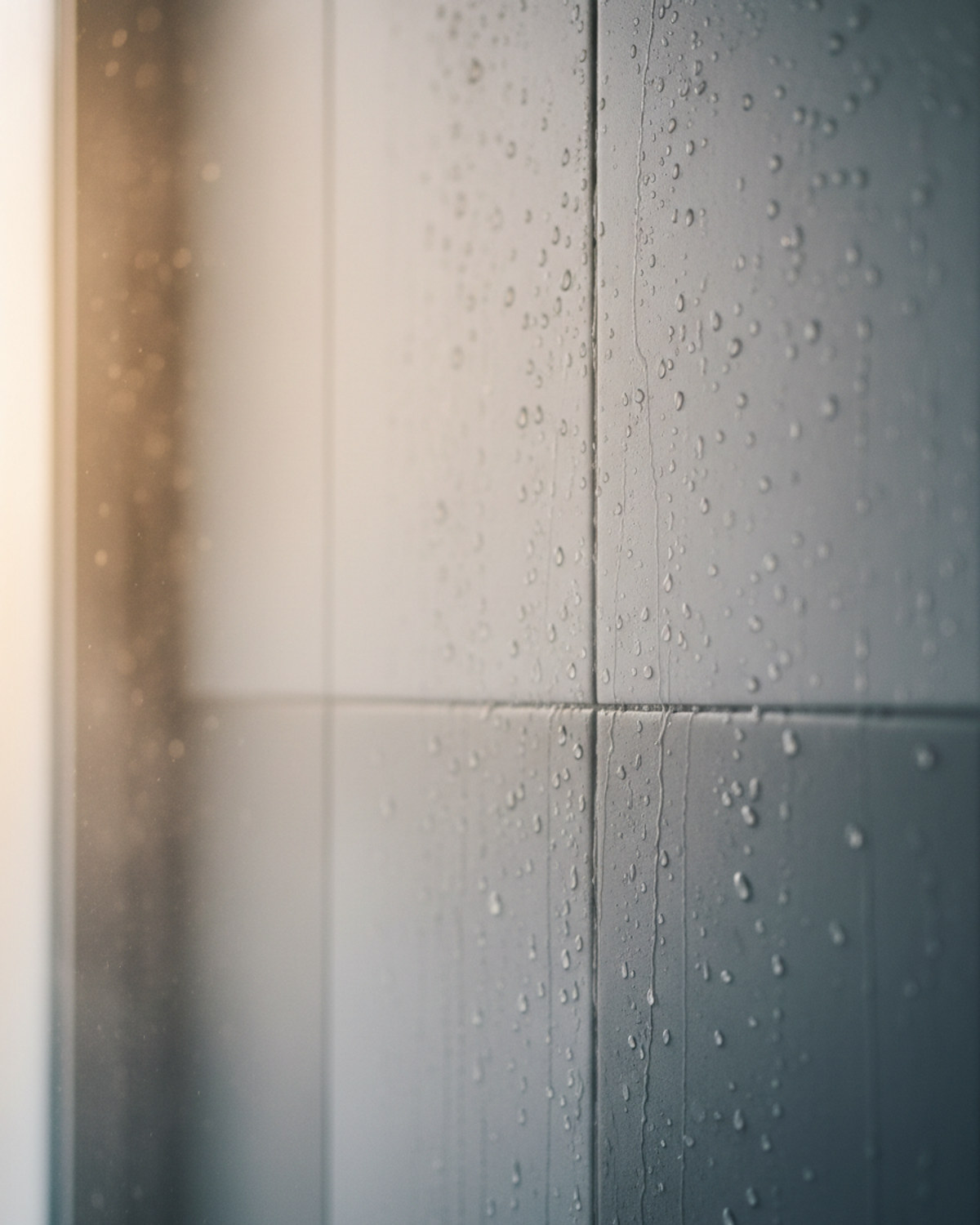 Water droplets on a tiled shower wall with warm light and rising steam, evoking a body-wash shower routine