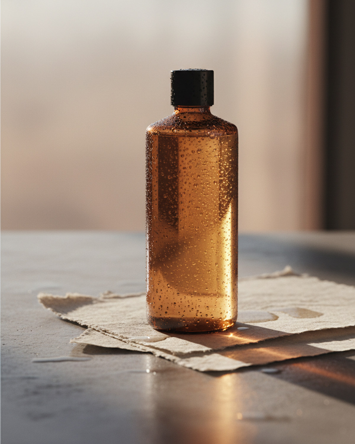 A translucent amber cleanser bottle beaded with condensation sits on a damp bathroom counter in soft morning light.