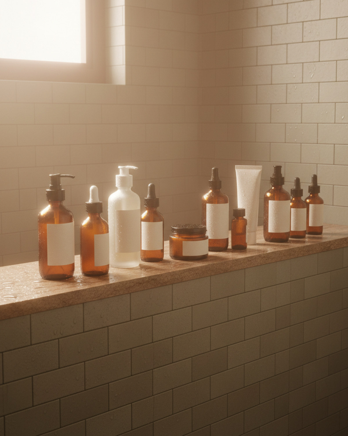 Amber glass shampoo bottles lined on a wet tiled shower ledge with steam and soft morning light