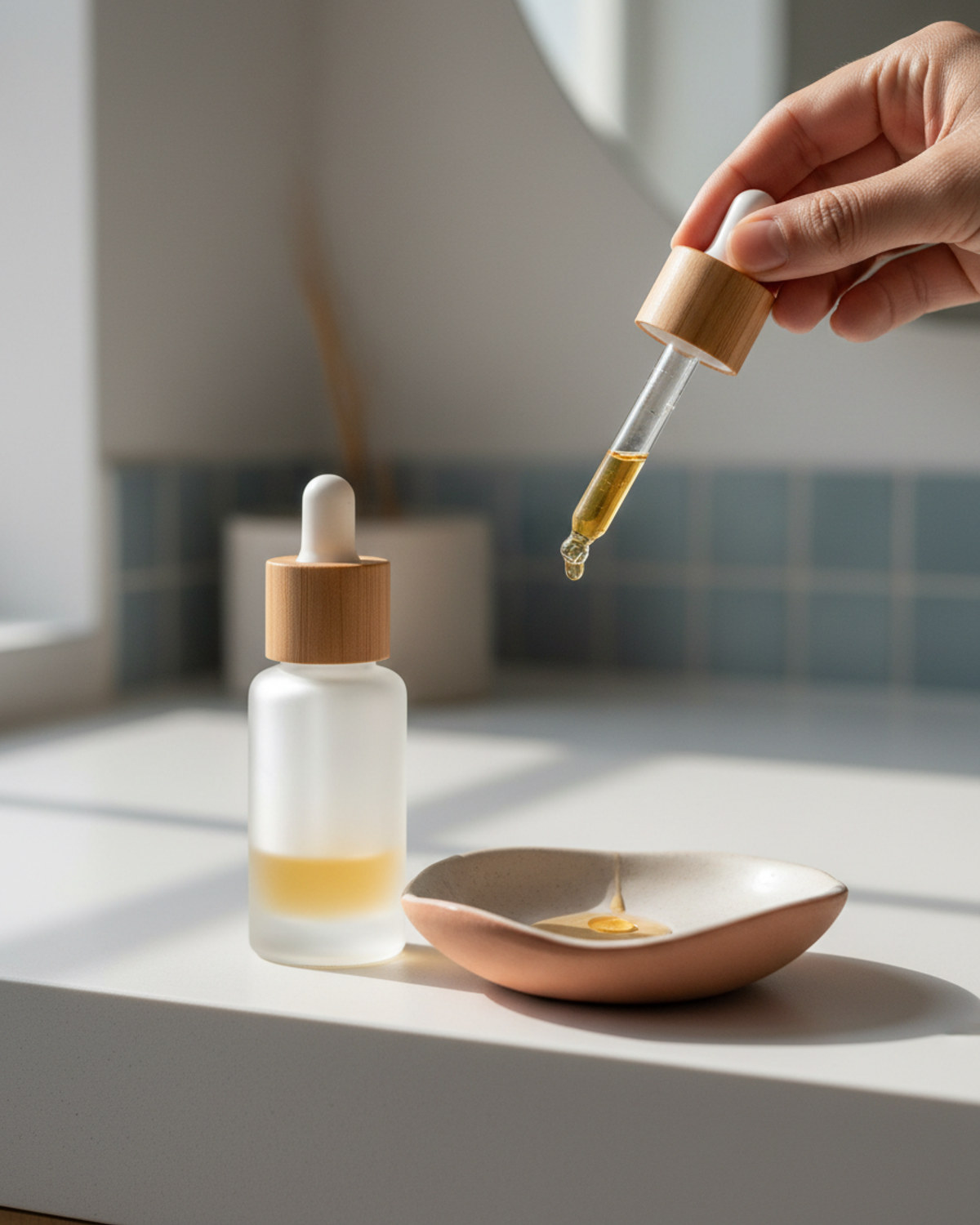 A glass dropper bottle and ceramic dish styled in soft light on a bathroom counter