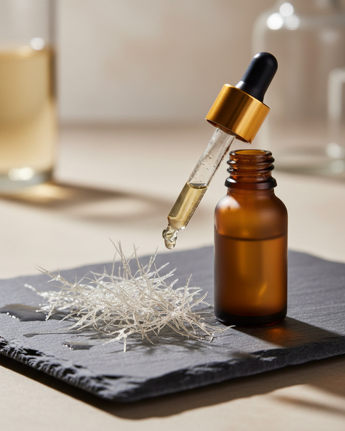 Macro still life of needle-like sponge spicules scattered near a glass serum dropper bottle on a dark wet stone surface