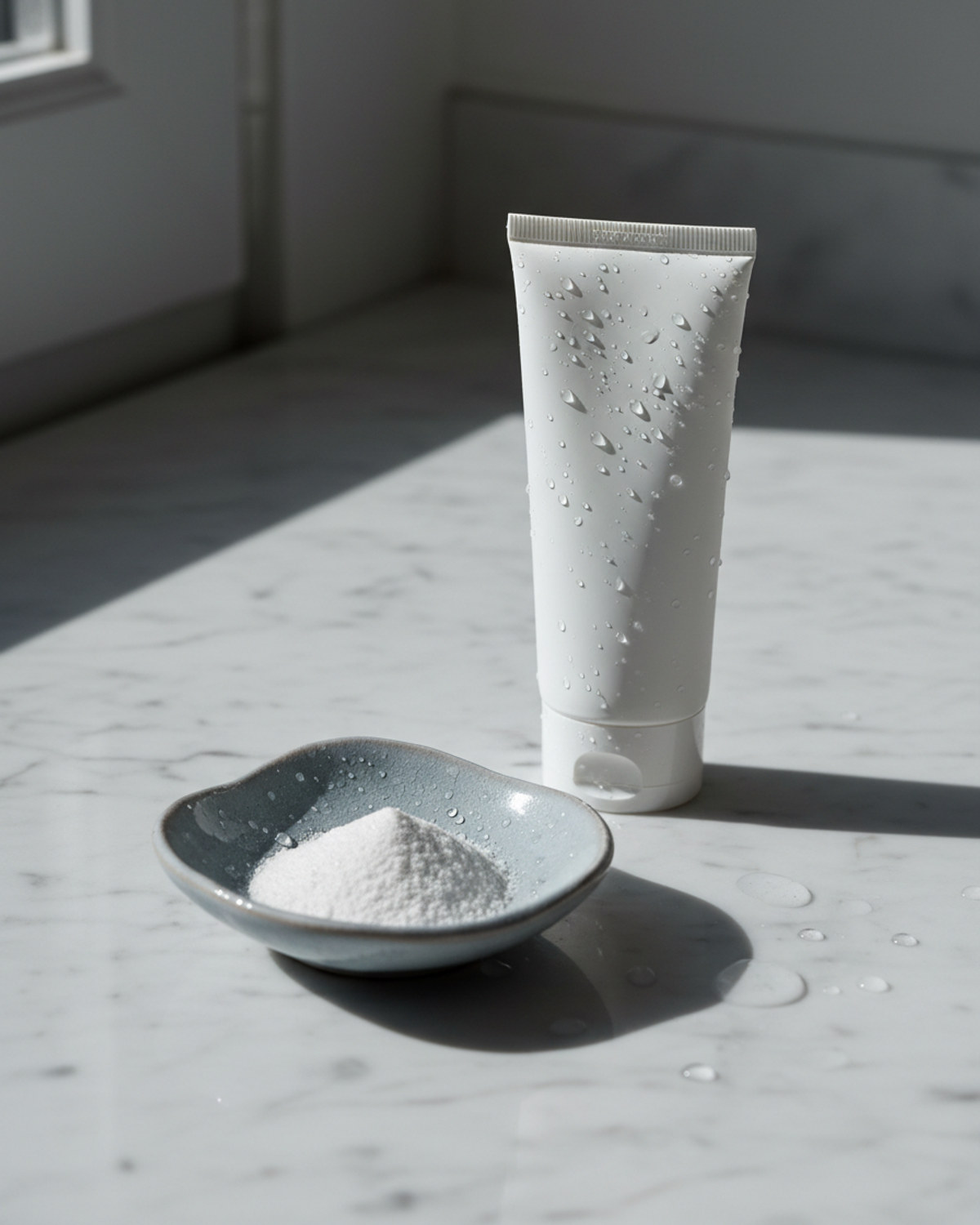 A sunscreen tube resting beside a small dish of translucent mineral powder on a marble counter in soft morning light
