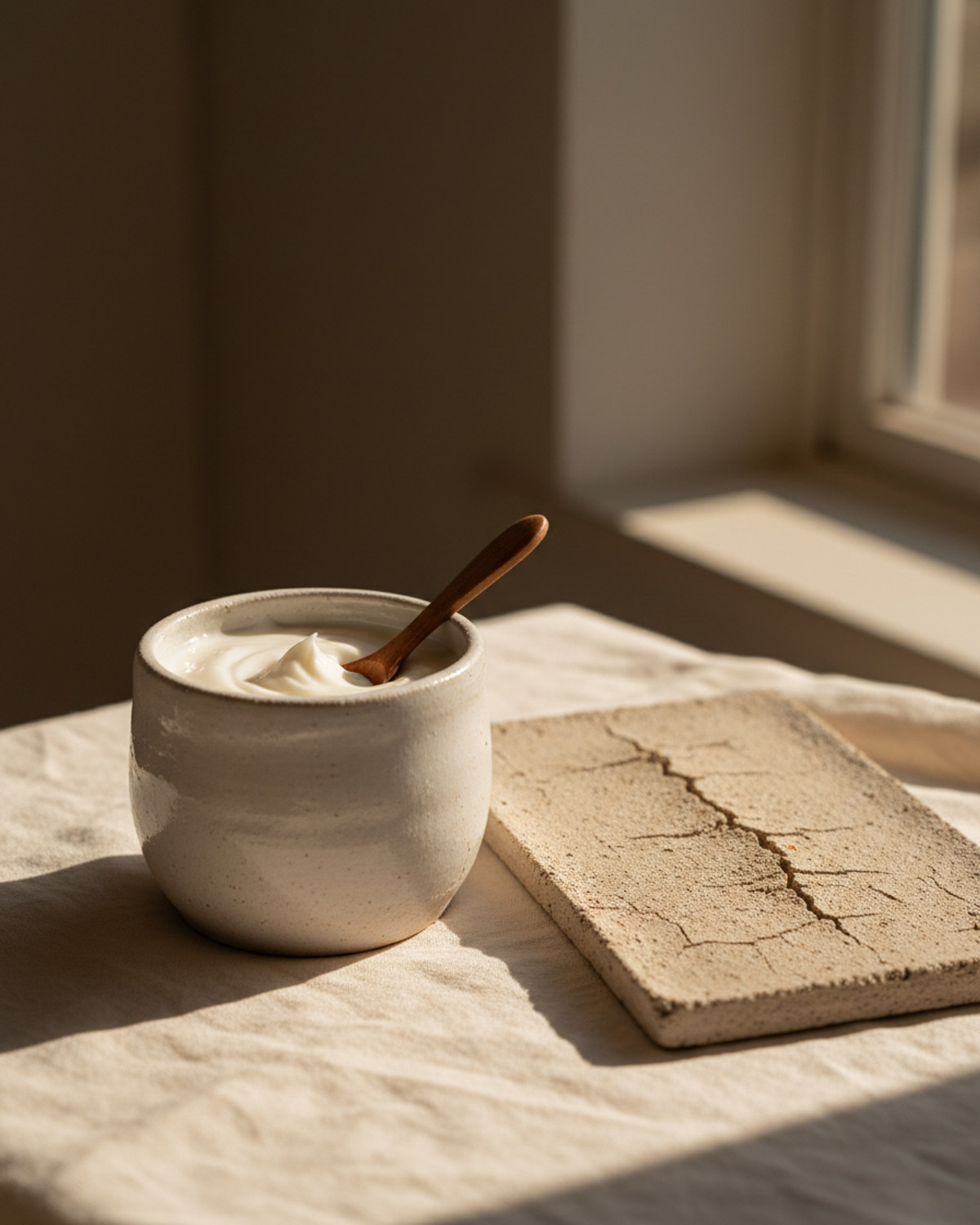 A ceramic jar of thick moisturizing cream beside a dry stoneware tile in soft natural light