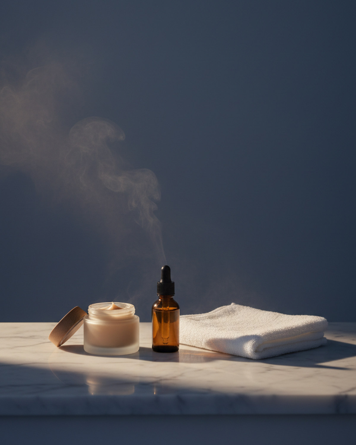 Editorial still life of skincare jars and a dropper bottle arranged on a marble counter in soft dusk light