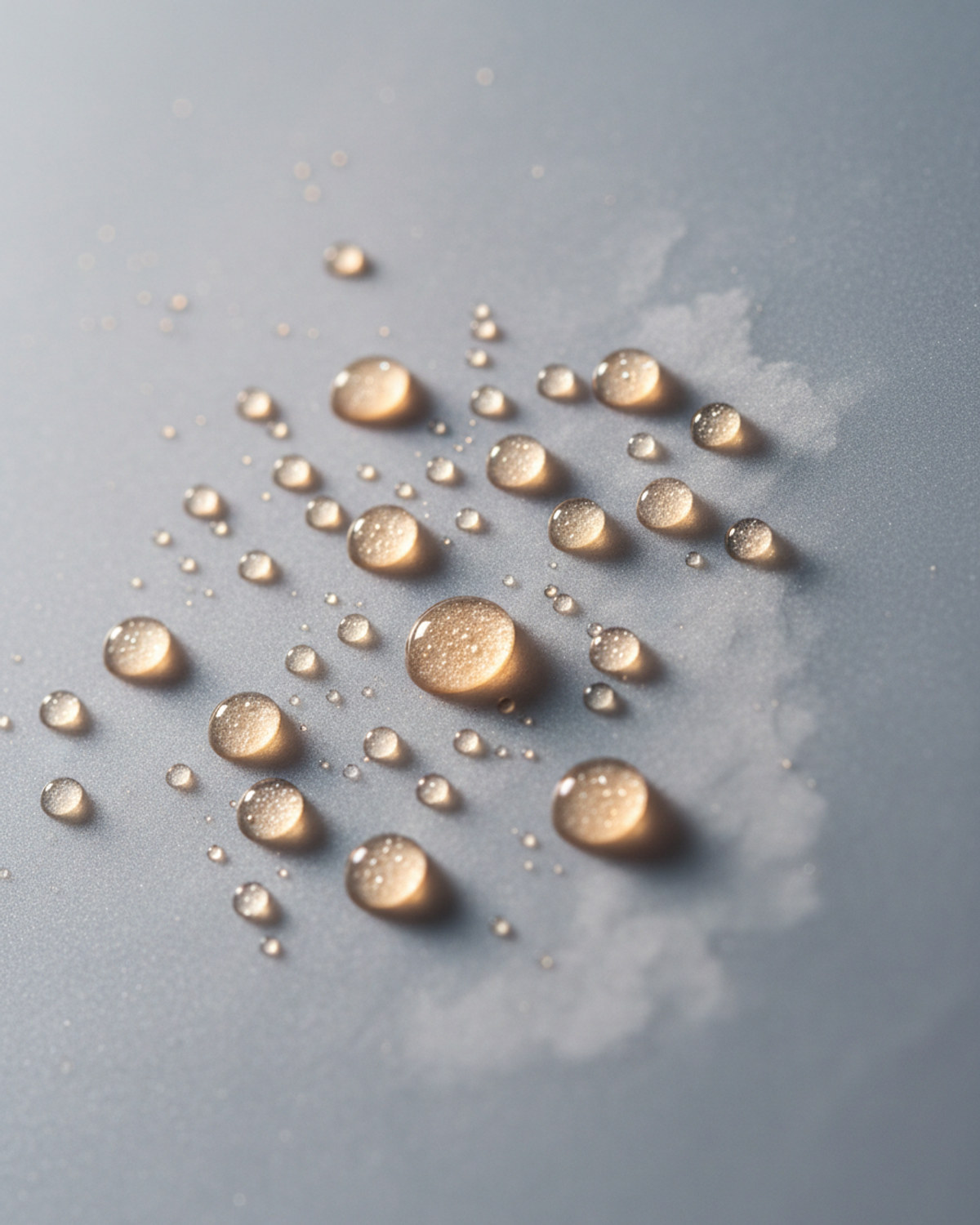 Close-up of glistening droplets catching warm light on a smooth surface, evoking the natural sheen of oily skin